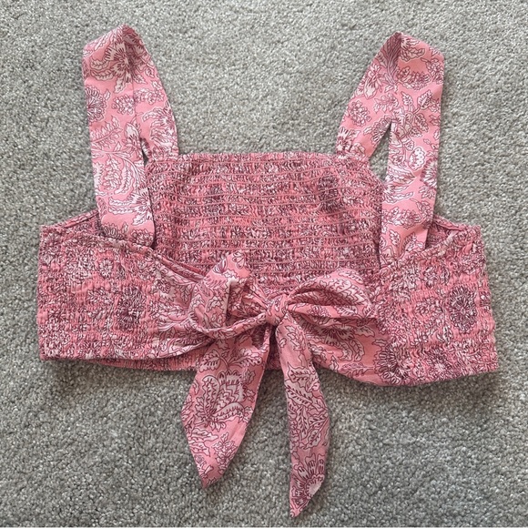 House Of Harlow Crop Top Smocked Floral Stretch Tie Back Square Neck Pink Sz XS - Picture 2 of 7